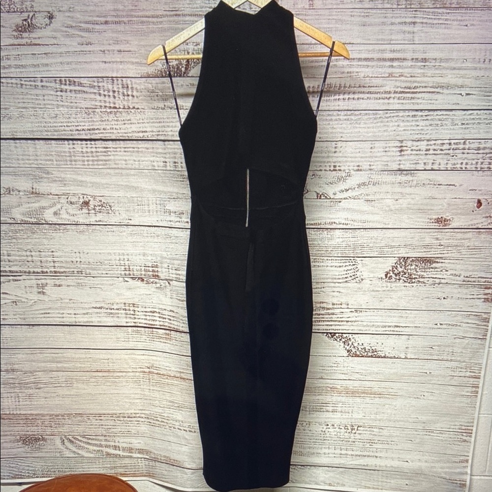 Black Sleeveless Halter Midi Dress with Cutout Waist